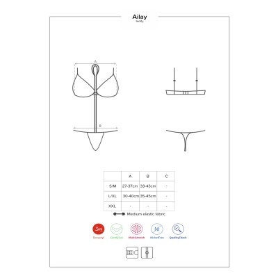 desenho técnico de conjunto de lingerie com tabela de tamanhos e ícones de características