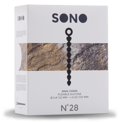 Embalagem branca de produto SONO com texto e faixa de textura de pedra