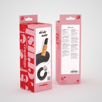 Embalagens do produto désir noir com design vermelho e branco e acessório preto mostrado