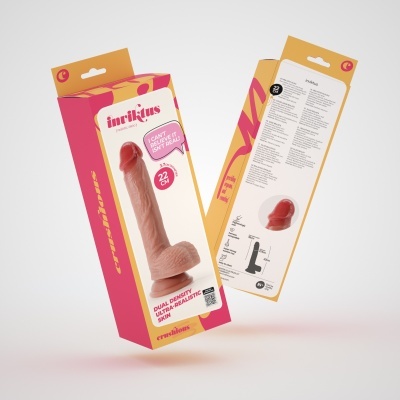 Caixa de dildo realista em rosa e amarelo com texto e imagem do produto.