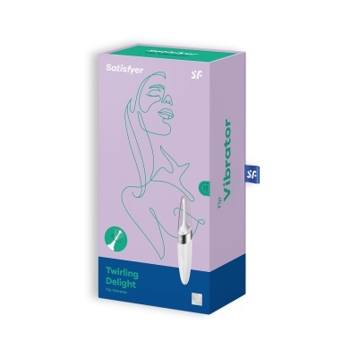 Embalagem de Twirling Delight da Satisfyer em cores lilás, verde e azul com desenho minimalista de rosto