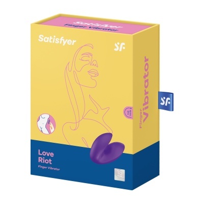 Caixa amarela e azul com vibrador de dedo roxo Love Riot da Satisfyer