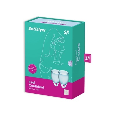 Caixa verde água e roxa com tampas menstruais Satisfyer