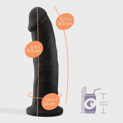 Dildo preto com várias medidas indicadas ao lado