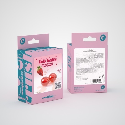 Embalagem rosa e azul de lub balls com duas bolas vermelhas, texto strawberry & champagne e código QR.