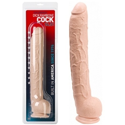 Dildo realista bege com embalagem blister e texto