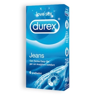Embalação azul de preservativos Durex Jeans com texto em espanhol e italiano