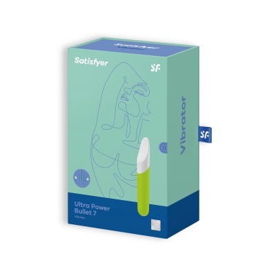 Embalagem do produto Ultra Power Bullet 7 da Satisfyer em azul e verde