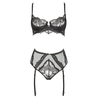 Conjunto de lingerie feminino preto com renda e cinta-liga