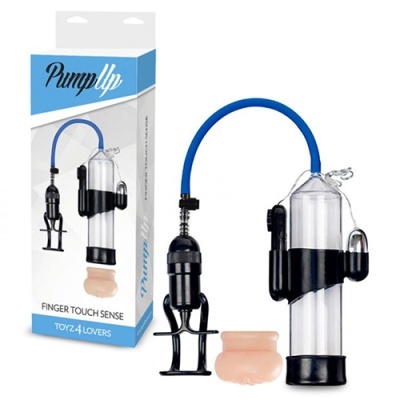 Bomba de sucção PumpUp transparente e preta com tubo azul e acessório de silicone cor de pele