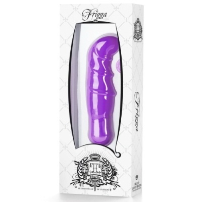 Vibrador roxo em silicone com textura ondulada na embalagem branca Frigga