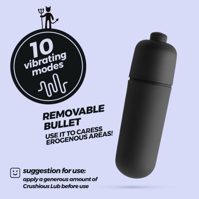 Vibrador preto forma bala com texto informativo e sugestão de uso em fundo lilás