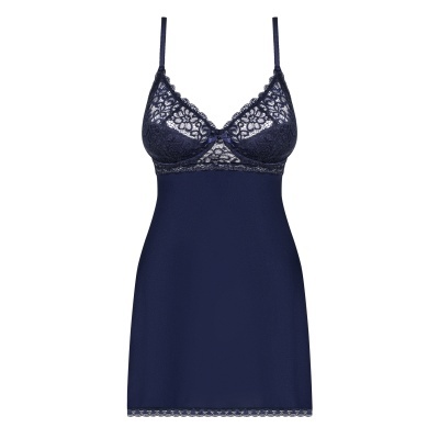 Camisa de noite azul escura com renda na parte superior e barra