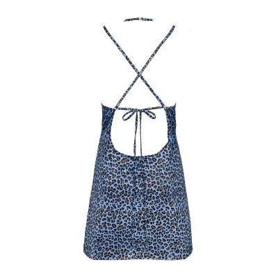 Vestido curto feminino azul com estampa animal print e alças cruzadas.