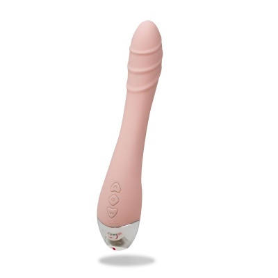 Vibrador rosa claro com botões na base e detalhes em relevo