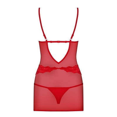 Vestido de noite vermelho transparente com renda e tanga correspondente