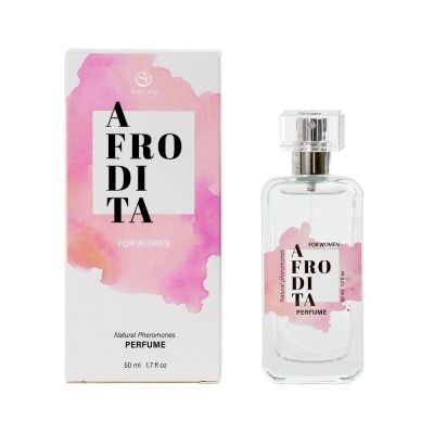 Perfume Afrodita para mulher em frasco transparente com rótulo rosa e caixa branca com design similar