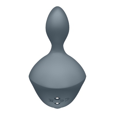 Dispositivo cinza anatómico com base larga e três botões.