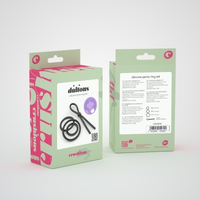 Conjunto de anéis penianos em silicone embalado na caixa verde com detalhes em rosa da marca daltons.