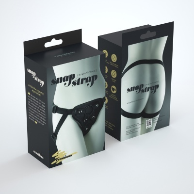 Embalagens pretas do produto Snap Strap com imagens do cinto ajustável em manequins cinzentos