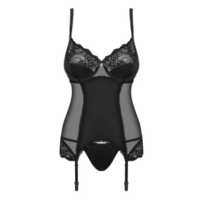 Corset preto feminino com renda e transparências, alças finas ajustáveis