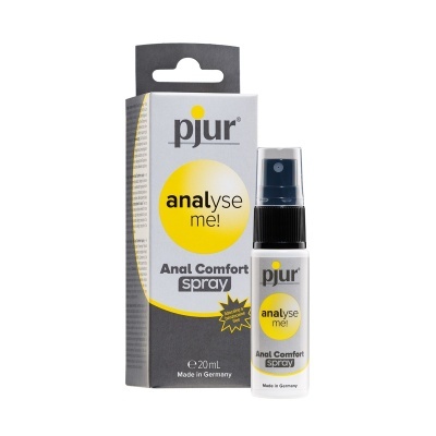 Spray Anal Comfort da pjur e sua embalagem cinza, branco e amarelo