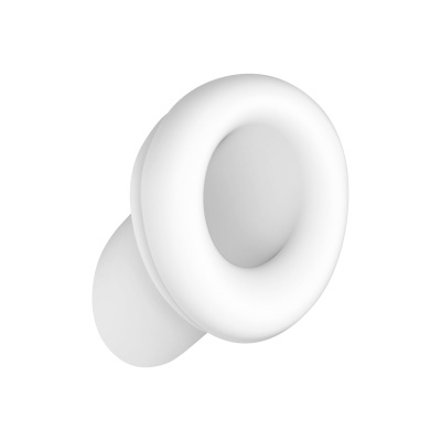 Dispositivo branco oval com abertura central e base cilíndrica.