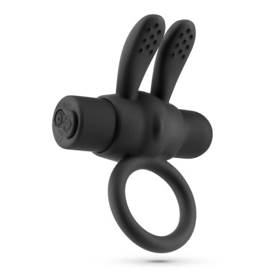 Anel vibratório preto em silicone com orelhas de coelho