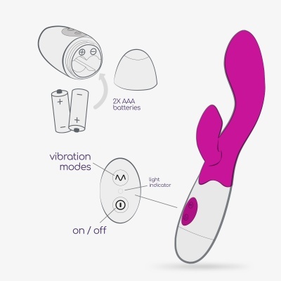 Vibrador roxo e branco com dois botões e indicações sobre pilhas AAA e modos de vibração