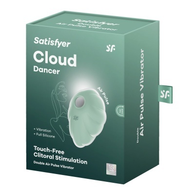 Embalagem verde do vibrador Satisfyer Cloud Dancer com texto em inglês e imagem do produto branco