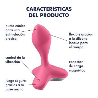 Produto rosa em silicone com características de design e funcionalidade indicadas em espanhol