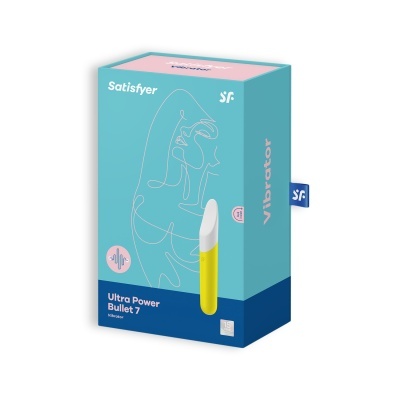 Caixa azul com vibrador bullet amarelo e branco e texto Satisfyer Ultra Power Bullet 7