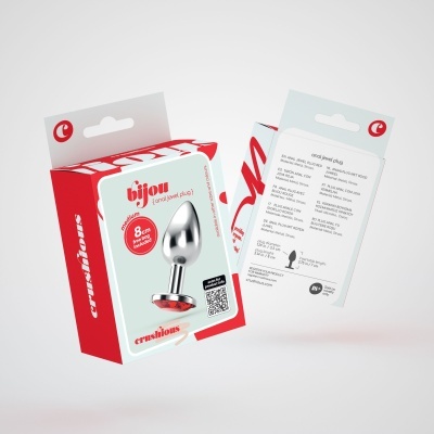 Embalagem de plug anal metálico prateado com caixa vermelha e branca