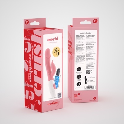 Embalagens vermelha e rosa com vibrador coelho e frasco azul