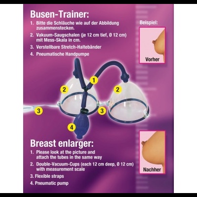 Embalagem rosa com aparelho de aumento de peito e instruções em alemão e inglês