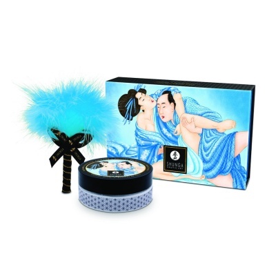 Produto sexual Shunga com embalagem ilustrada e acessório com penas azuis