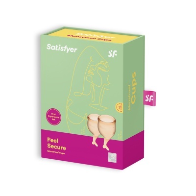 Embalagem verde e roxa de copos menstruais Satisfyer Feel Secure Menstrual Cups