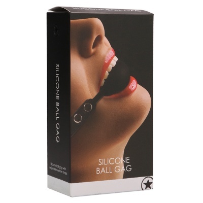 Embalagem preta e cinza com imagem de mulher a usar gag de silicone preto