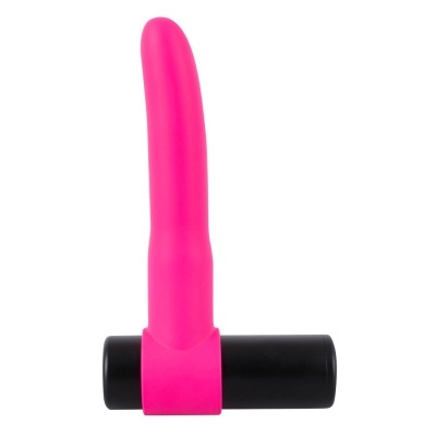 vibrador rosa com base preta cilíndrica sobre fundo branco