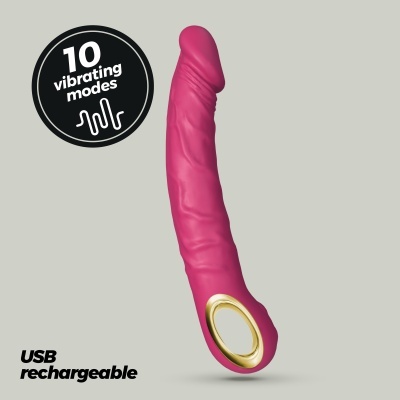 Vibrador rosa com texto a indicar 10 modos vibratórios e carregamento USB