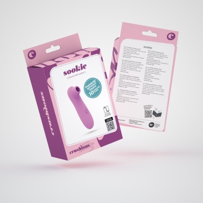 Embalagem rosa e roxa de estimulador feminino 'sookie' em silicone roxo, com texto e informações no verso.