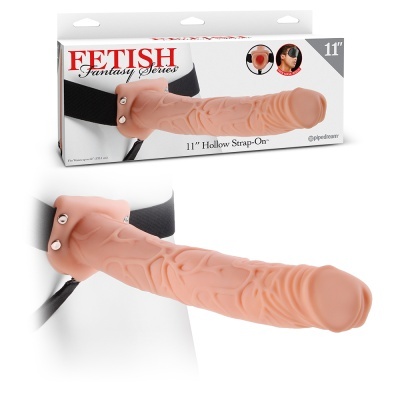 Dildo cor de pele com veias e textura, preso a cinta preta, embalagem com texto Fetish Fantasy Series 11'' Hollow Strap-On