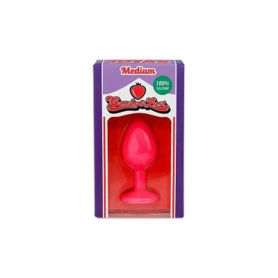 Plug anal de silicone vermelho na embalagem roxa com texto