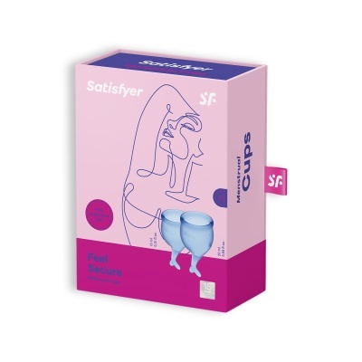 Embalagem rosa e lilás do Satisfyer Feel Secure com desenho minimalista azul e copos menstruais azuis