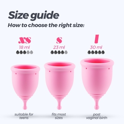 Copos menstruais rosa em três tamanhos com legenda de capacidades e usos