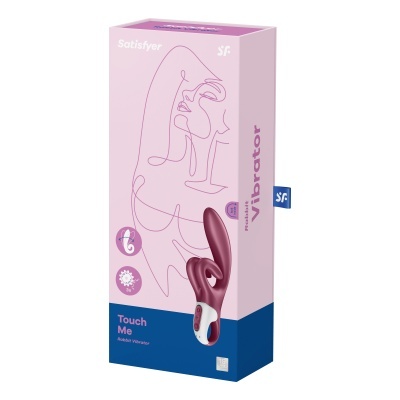 Caixa rosa e azul de vibrador roxo com detalhes brancos da marca Satisfyer, modelo Touch Me