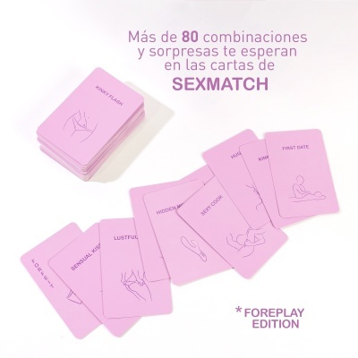 Cartas cor-de-rosa SEXMATCH com textos e ilustrações minimalistas sobre fundo branco