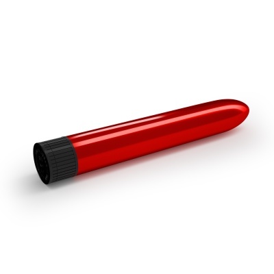 Vibrador cilíndrico vermelho com base preta sobre fundo branco