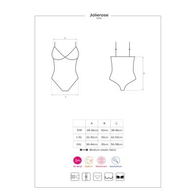Desenho técnico de fato de banho com medidas e ícones de cuidados
