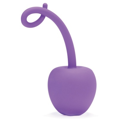 Objeto roxo em silicone com forma arredondada e haste curva com laço